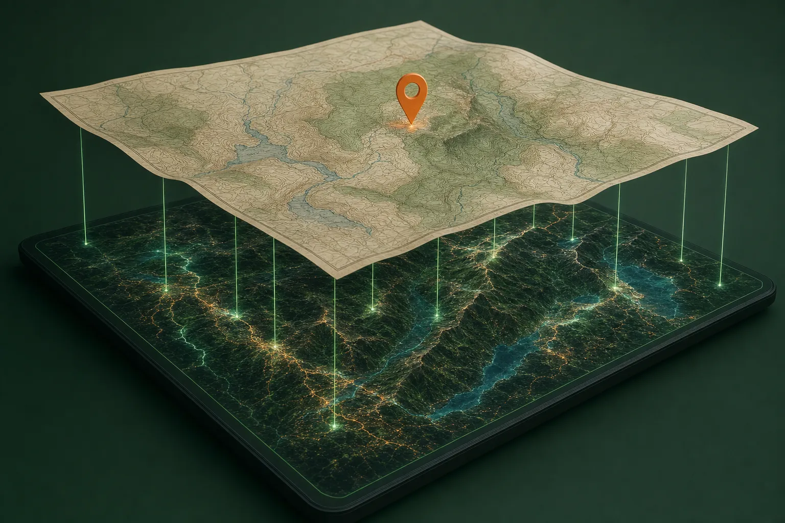 Layered visualization of a national park paper map floating above a digital GPS terrain map with a location pin