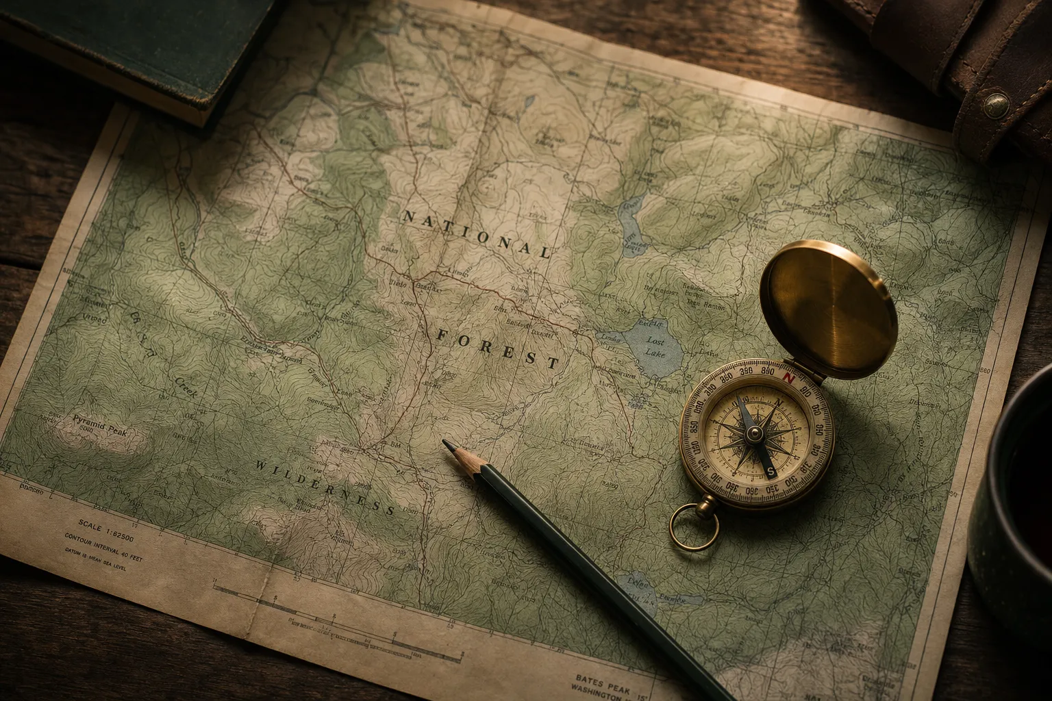 A topographic paper map with a brass compass on a wooden table