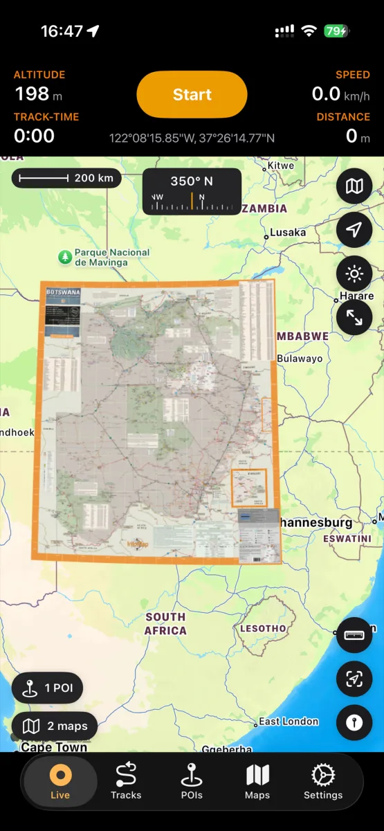 A scanned Botswana paper map georeferenced and overlaid on the live map in NomadTracks