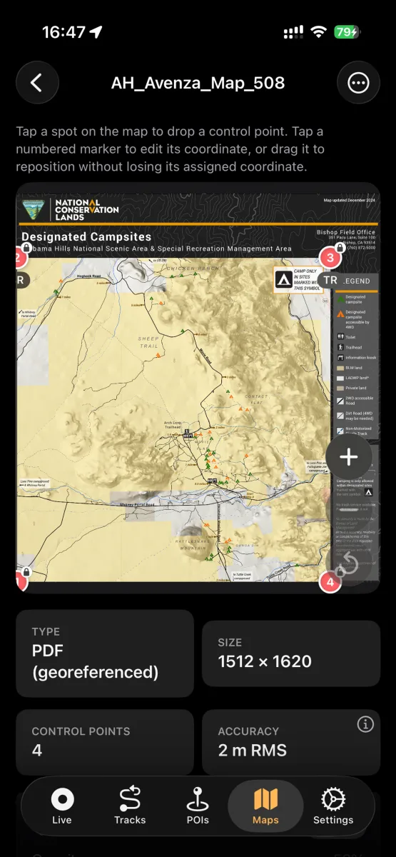 Georeferencing a PDF trail map with four control points and 2 meter accuracy