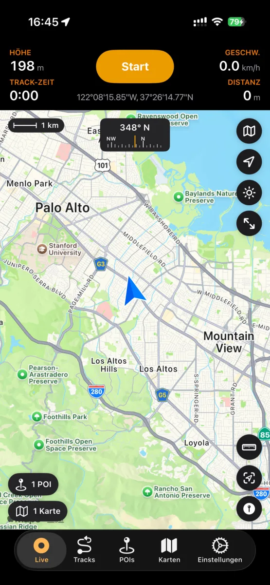 Live GPS map with altitude, speed, distance and track time readouts
