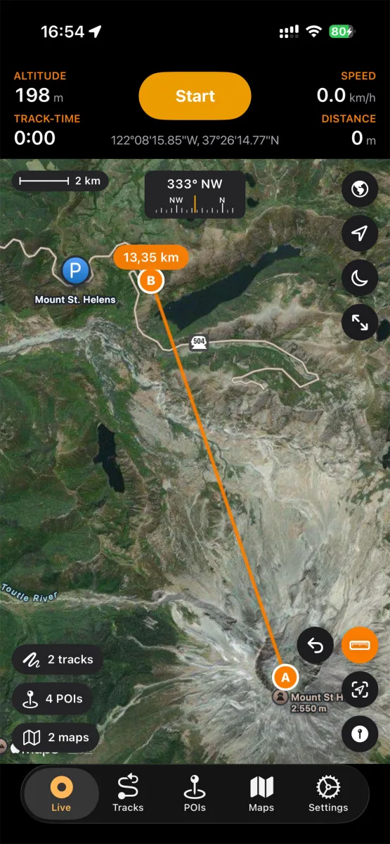 Planned route on a satellite map near Mount St. Helens showing 13.35 kilometers distance