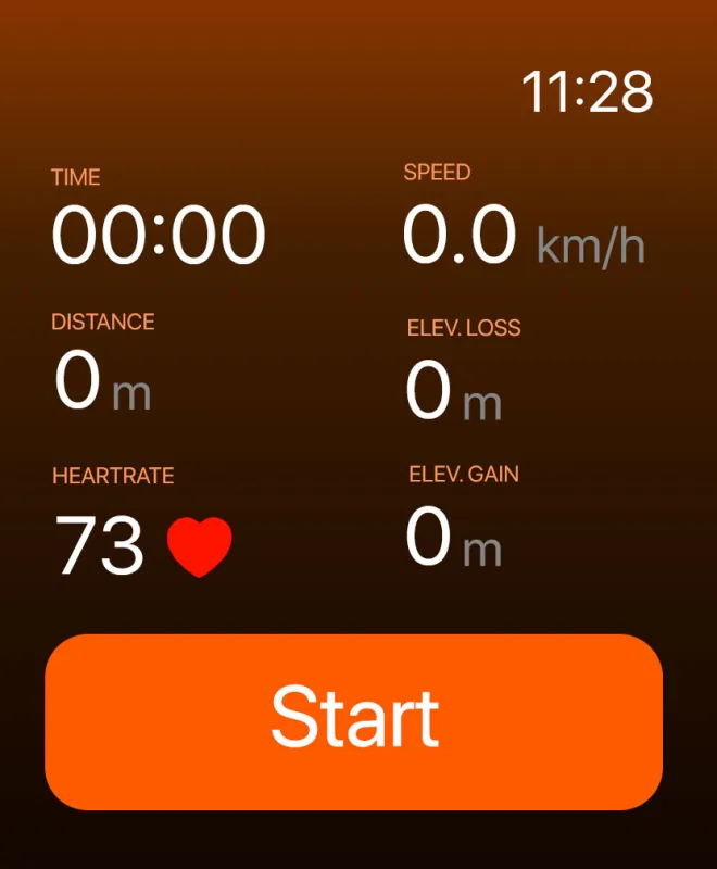 Apple Watch recording screen with time, speed, distance, elevation and heart rate