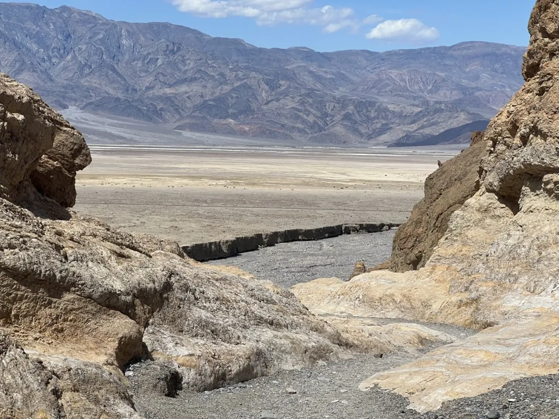 Gravel wash winding between golden canyon walls