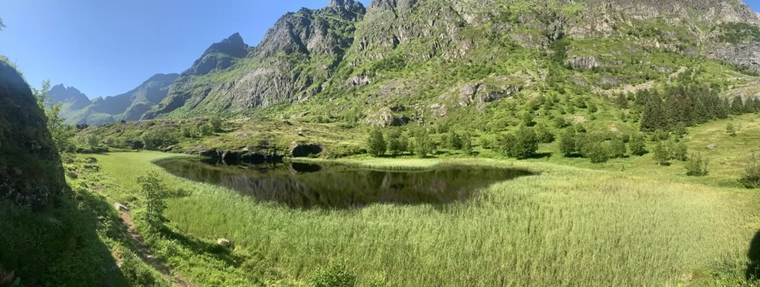 Panorama of meadows, lake and red cabins in a Lofoten valley