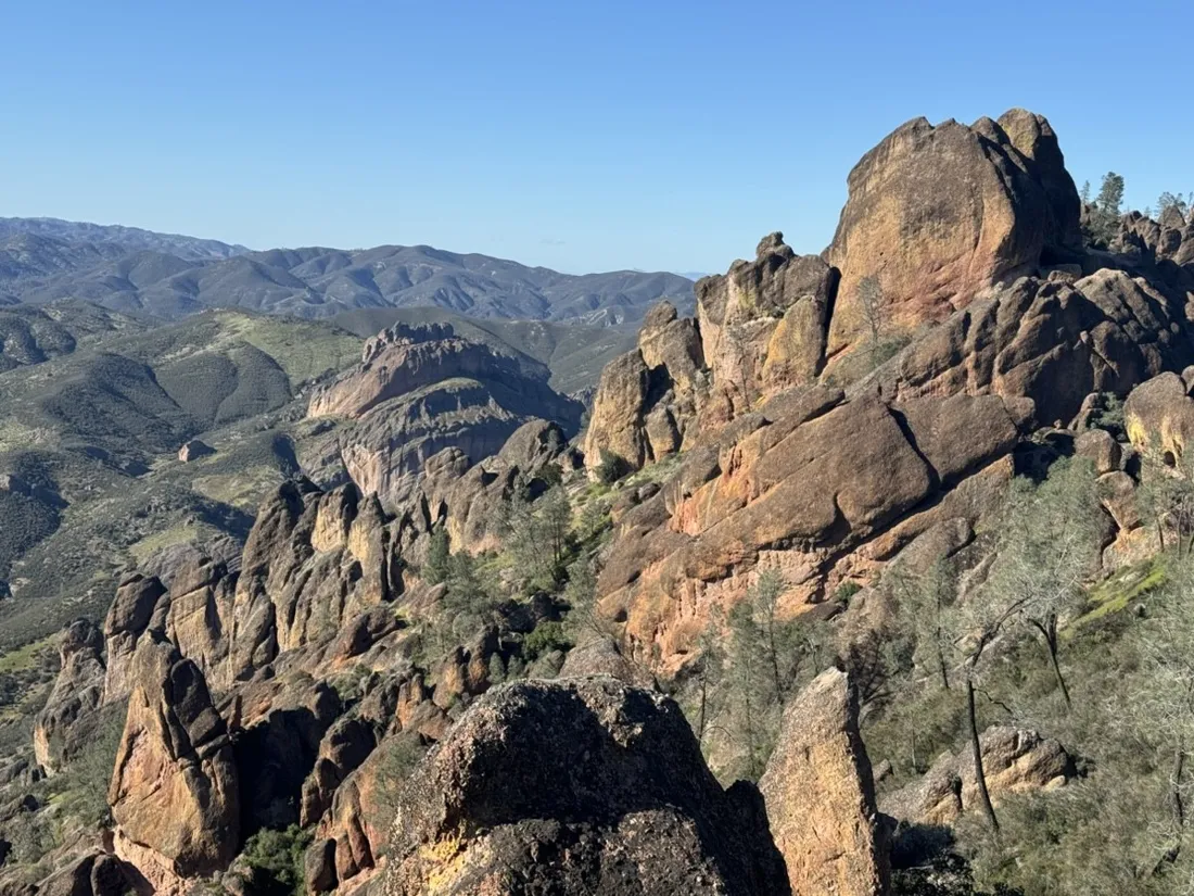 Pinnacle towers rising over the chaparral hills