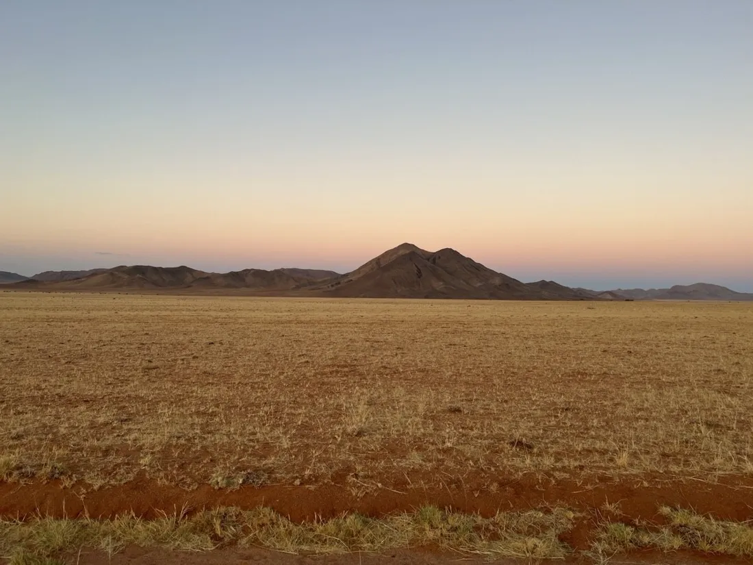 Golden grass plain and a granite kopje at sunset near Koiimasis