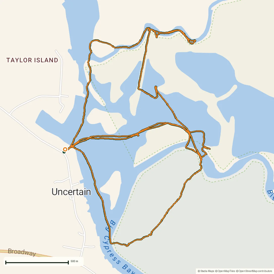 Recorded canoe track through Caddo Lake on the map