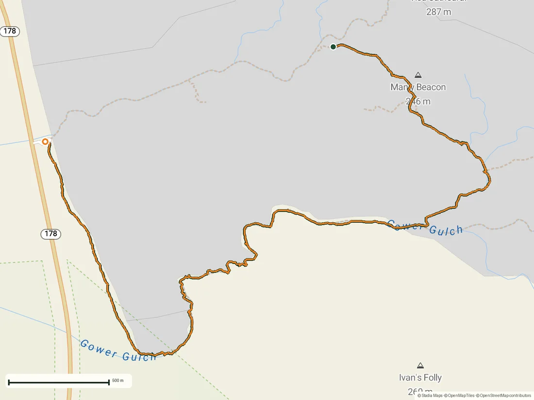 Route map of Golden Canyon to Zabriskie badlands: 6 km below sea level drawn from the recorded GPS points on an OpenStreetMap basemap