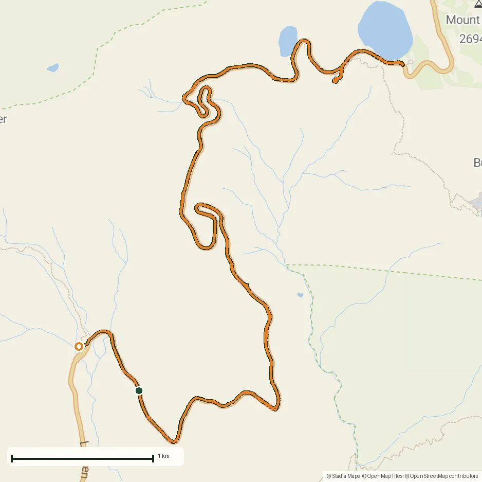 Route map of Riding to Lake Helen: 17 km up a closed park road through the snow drawn from the recorded GPS points on an OpenStreetMap basemap
