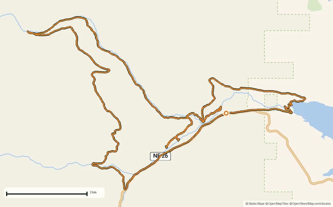 Route map of Mount Shasta mountain-bike loop: 28.6 km of volcano singletrack drawn from the recorded GPS points on an OpenStreetMap basemap