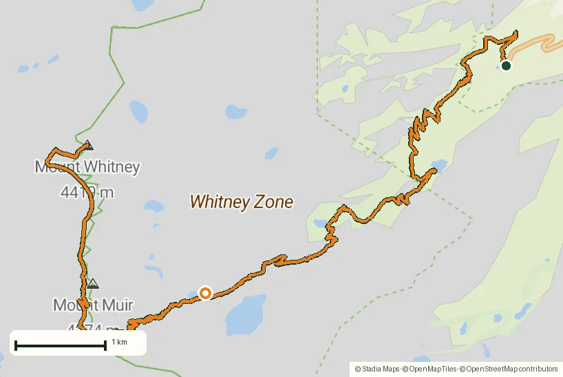 Route map of Mount Whitney in two days: 24 km to the roof of the Lower 48 drawn from the recorded GPS points on an OpenStreetMap basemap