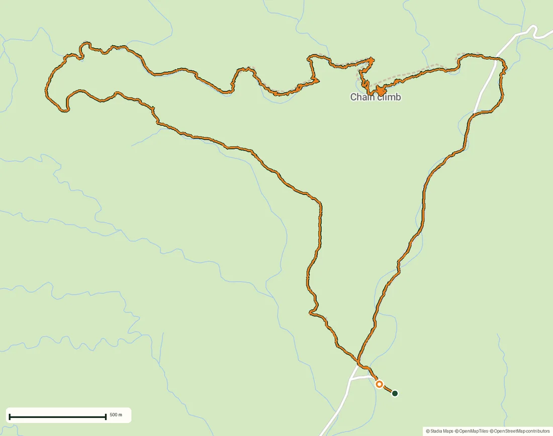 Route map of The Olive Trail, Namib-Naukluft: 10.9 km through a desert canyon drawn from the recorded GPS points on an OpenStreetMap basemap