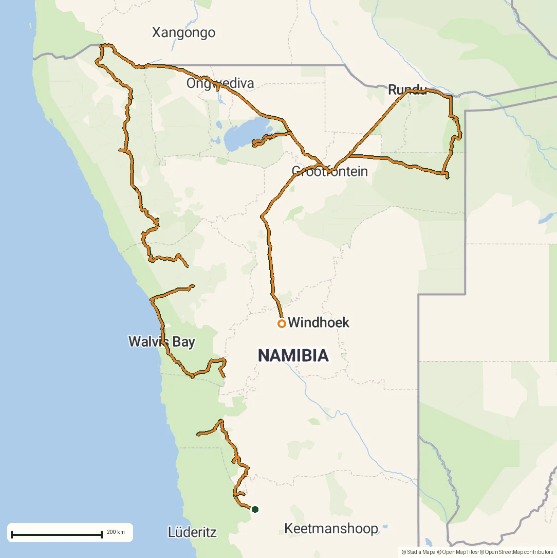 The recorded 4,250 km Namibia expedition route on the map