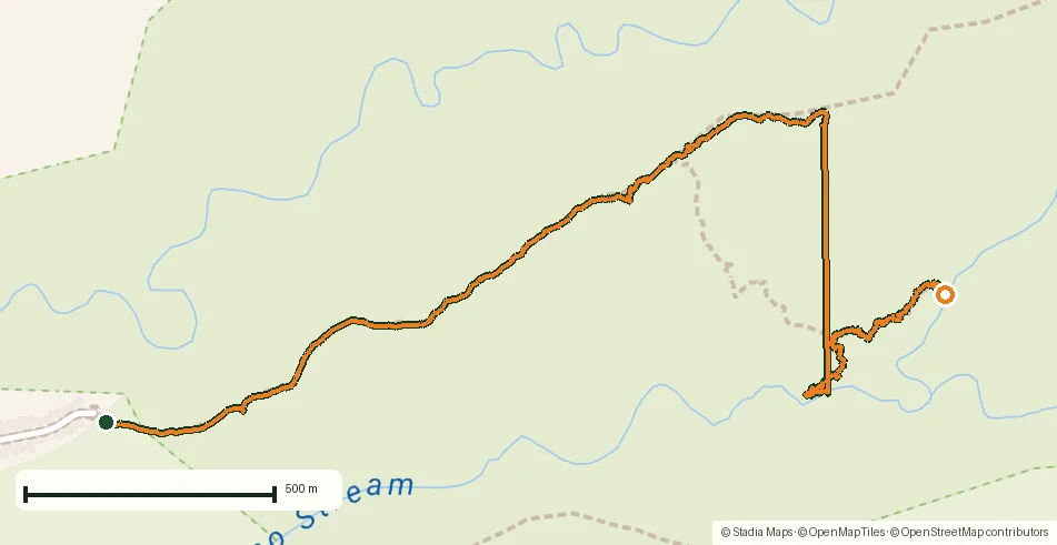 Route map of Oahu waterfall trail: 5 km of mud, roots and jungle drawn from the recorded GPS points on an OpenStreetMap basemap